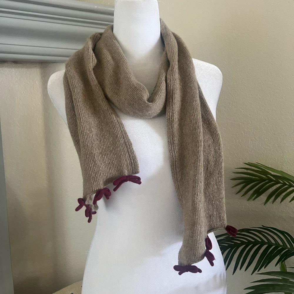 Portolano Cashmere Silk Wool Tan Knit Scarf with Burgundy Bow Accents